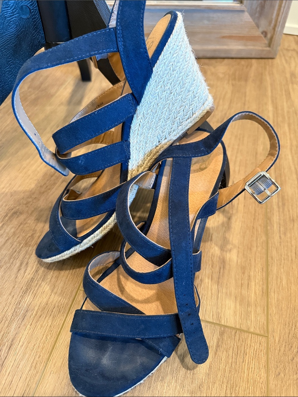 Navy Blue Strappy Espadrille Wedge Sandals - Women